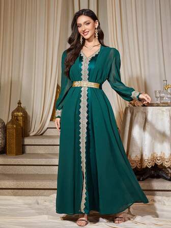 2pcs Women V-Neck Sleeveless Lace Elegant Slit Dress With Detachable Belt & Arabic Style Long Sleeve Jacket Set