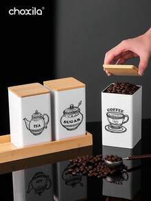 choxila 3件套咖啡储存罐茶叶零食咖啡豆储存罐竹盖铁艺展示方形罐