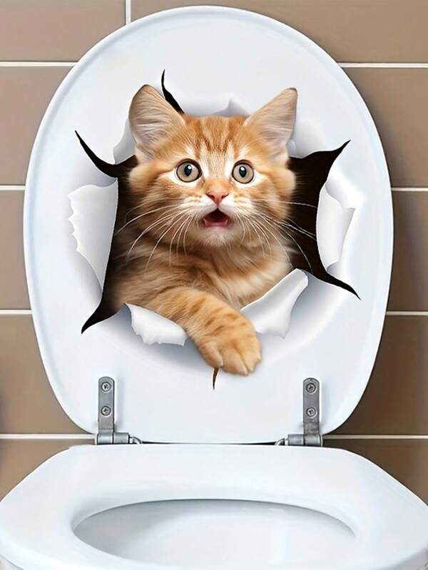 1pc Little Orange Cat Toilet Seat Sticker, Home Bathroom Toilet Tank Decals, Door Stickers, Wall Stickers, Super Cute, Add A Little Fun To Your Bathroom