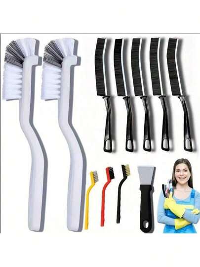 11pcs Cleaning Brush Set, Multi-Functional Crevice Brush Suitable For Kitchen, Bathroom, Car, Grouting, Window Tracks, Bathtub, Vehicles, Faucets, Bowls, Teapots, Cups, Essential Home Scrub Cleaning Tools For Hard Crevices