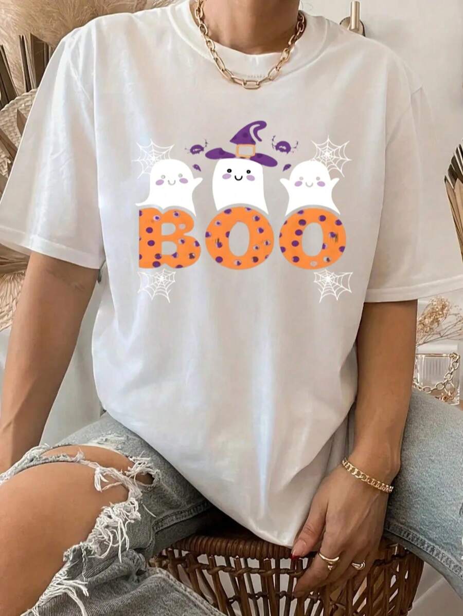 Camiseta de Mujer Fantasmas "Boo" Halloween, Ideal para Fiestas Halloween y Amantes de los Fantasmas, 100% Algodón Suave, Moda Fantasmas Halloween,blusas para mujer,playeras de mujer,blusas,blusas para dama casuales,halloween,disfraz halloween mujer,blusas elegantes dama,tops.