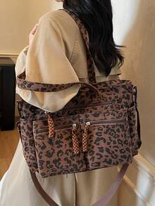 Túi Tote Đeo Vai Vải Nhung Nâu Họa Tiết Da Báo Thời Trang Thu Đông, Túi Vải Nữ Dung Tích Lớn, Nhẹ, Tối Giản, Gấp Gọn, Phong Cách Trường Học/Cao Đẳng, Nhiều Ngăn Khóa Kéo, Thường Ngày Đa Năng, Phù Hợp Sử Dụng Hàng Ngày, Đi Làm, Mua Sắm - màu nâu - Xem 5