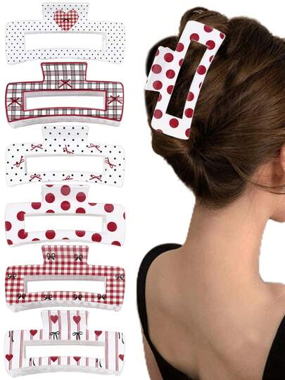 2/3/6pcs Cute Sweet Bow Plaid Heart Dot Print Square Hair Clips, Versatile Hollow Hair Claw For Ponytail, Elegant Hairstyle For Party, Holiday, Birthday, Ideal Gift
