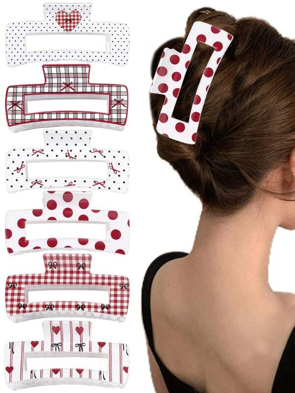 2/3/6个可爱甜美蝴蝶结格子爱心圆点印花方形发夹，多功能镂空发爪，适合扎马尾辫，优雅发型，适合派对、节日、生日，理想礼物
