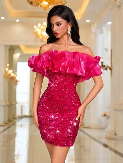 Off-Shoulder Satin Short Dress, Sexy & Glamorous Velvet Sequin Cocktail Dress For Ball, Party, Birthday, Evening Events