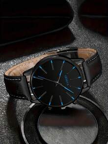 4pcs Men's Gift Set, Minimalist Scale Leather Quartz Watch, Arrow Pendant Necklace, Bracelet, Ring Set, With Round Dial And Synthetic PU Leather Strap, Suitable For Business Occasions, Birthday Gift - Black - View 4