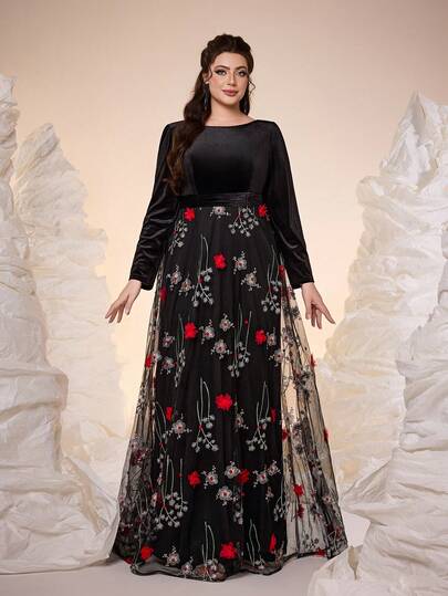 Mgiacy,New Arrival,Embroidery ,Round Neck,Elegant,Plus Size Ball Dress,Contrast Lace,Ruffle,Long Sleeve,Velvet,Chiffon,FOR,Prom Wedding,Party Dress,Wedding Guest Dress,Evening Dress,Autumn/Winter