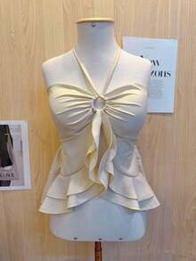 Butterfly Cropped Blouse With Ruffled Neck Tie - 米色 - 查看 1