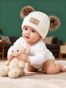 Baby Double Pom-Pom Knitted Hat With Braided Pattern And Car Logo Design The Car Logo Has A Heart FASHION Unisex For Girls Fashionable Casual Outfit For Autumn And Winter. - Double Pompom Knitted Hat - View 8