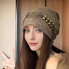 1 件女士别致串珠流苏贝雷帽，复古复古风格，时尚宽松无檐小便帽，修脸，适合春秋季节、旅行、约会 - 彩色 - 查看 2