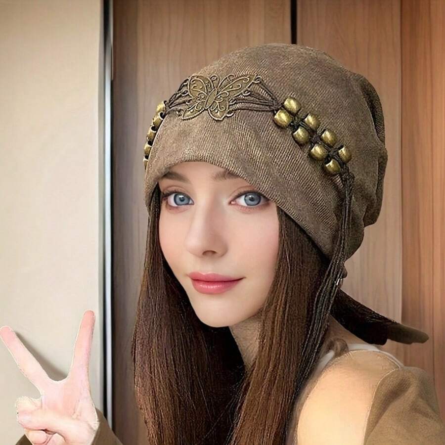 1 件女士别致串珠流苏贝雷帽，复古复古风格，时尚宽松无檐小便帽，修脸，适合春秋季节、旅行、约会