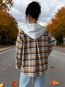 Women's Button-Up Hooded Shirt - Plaid Sweater-Like Top, Non-Stretch Fabric For Spring/Fall Layering, Everyday Casual Formal Outfits - Coffee Brown - View 2