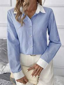 Women's Striped Long Sleeve Single-Breasted Casual/Work Shirt Spring - Blue and White - View 1