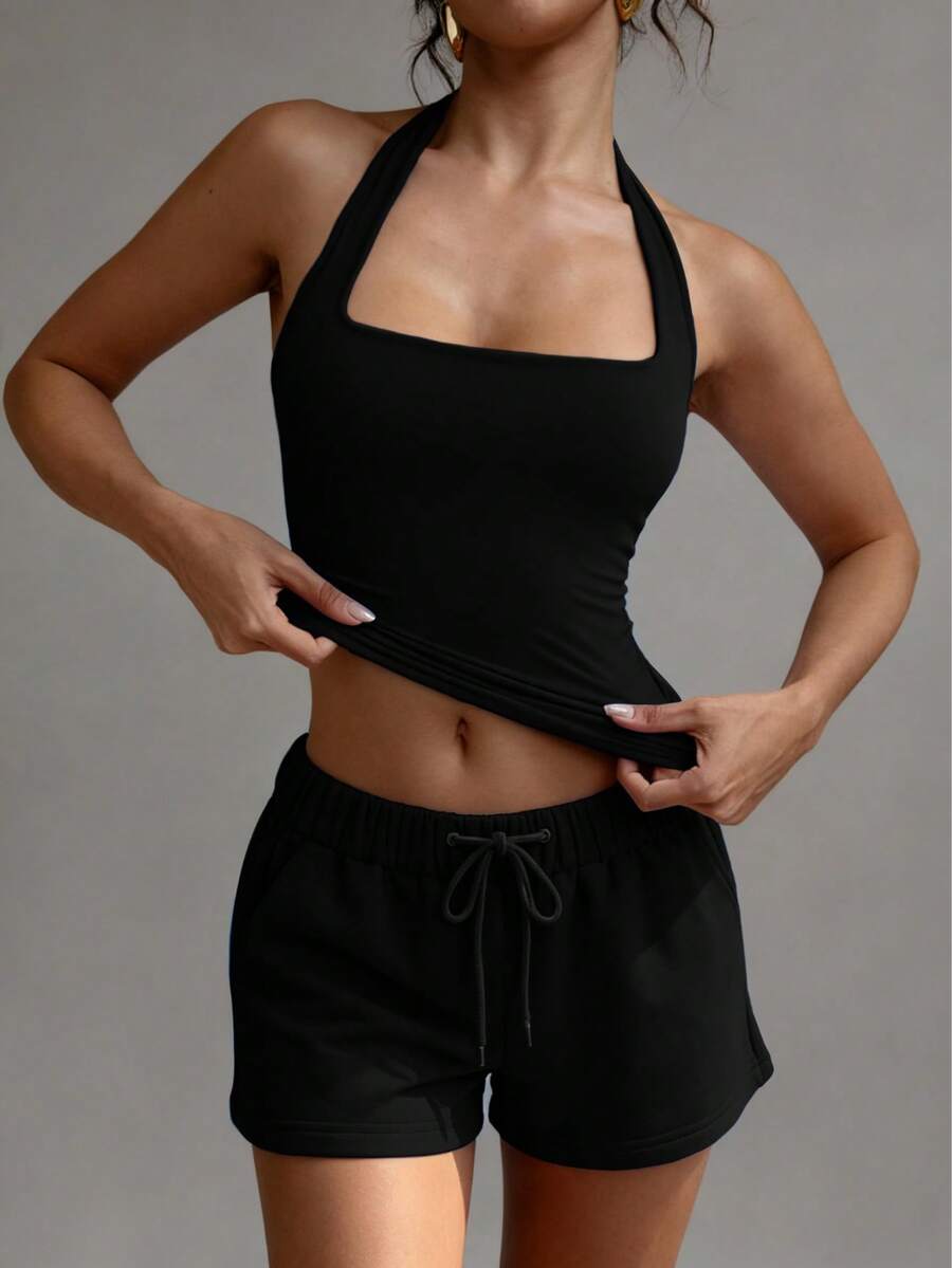 XLLAIS Sexy Backless Camisole, Fashionable Square Neck Elastic Casual Black Fitted Summer Tank Top For Women - Black - View 1