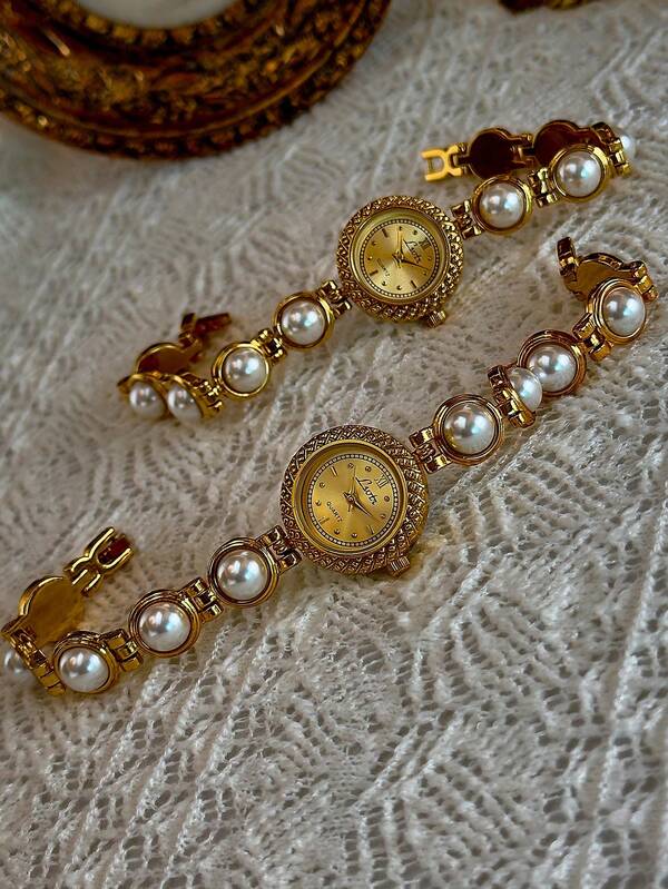 1 nowy francuski wysokiej klasy perłowy i kryształowy inkrustowany lekki luksusowy retro elegancki damski zegarek w kolorze złotym wykwintny mały 3D trójwymiarowy rzeźbiony rękodzieło okrągła tarcza wodoodporny damski zegarek kwarcowy odpowiedni do codziennego noszenia i na imprezy, wakacje i inne okazje do dekoracji nadgarstka