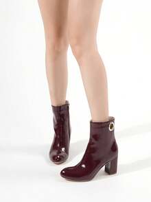 女士时尚派对PU皮革索环粗高跟踝靴