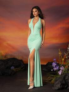 VIPGIRL Váy phù dâu màu xanh bạc hà cổ yếm xẻ tà thanh lịch - Màu xanh Bạc hà - Xem 6