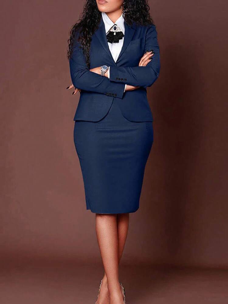 Women's Elegant Navy Blue Suit Set, Includes Pointed Collar Blazer Jacket And Pencil Skirt With Rear Zipper For Easy On/Off, Suitable For Office Wear Spring - Navy Blue - View 1