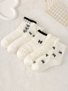 5 Pairs Of Children's Socks, Bow Diamond Checker Square Checker Pattern Girls Four Seasons Style Cute Casual Elegant Style Of Daily Travel To School Can Wear Children's Mid-Tube Socks. - Multicolor - View 2