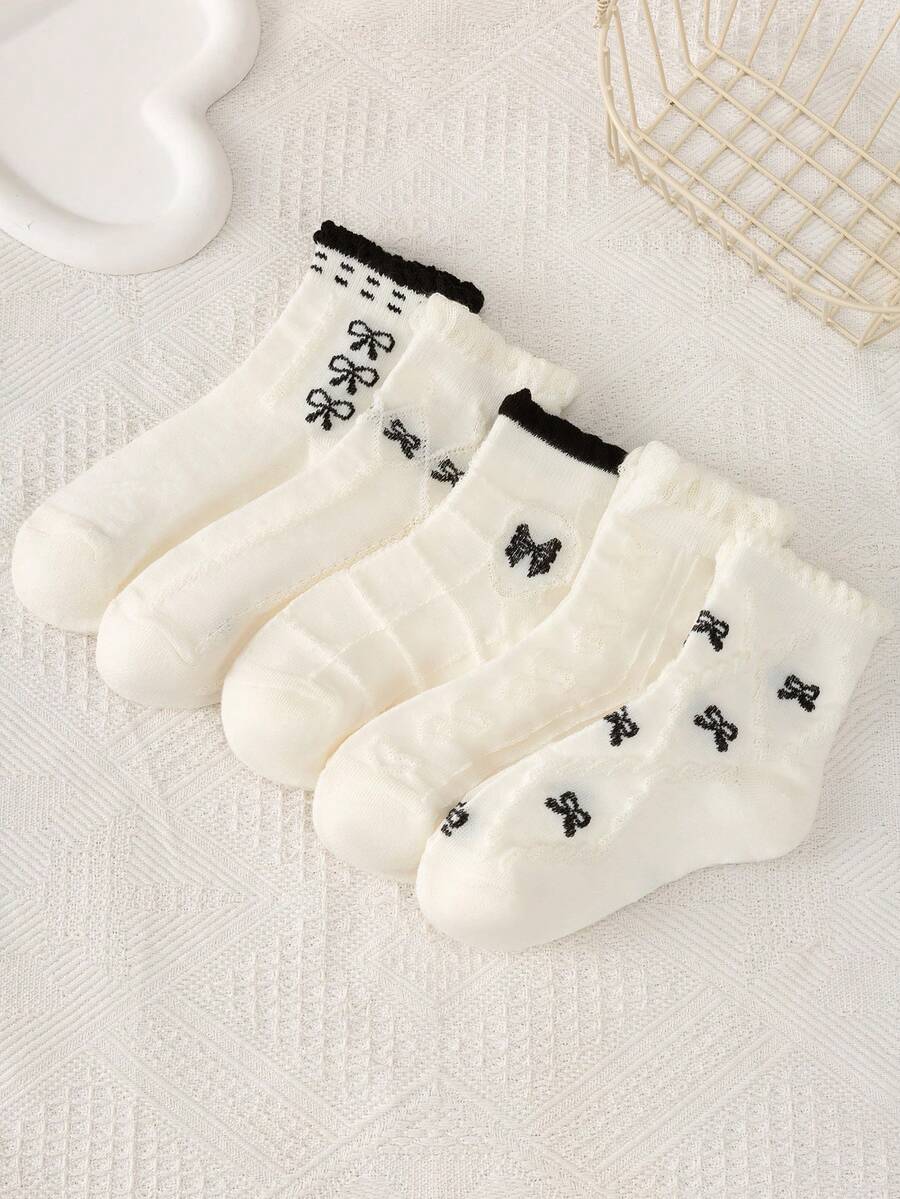 5 双儿童袜子，蝴蝶结菱形方格图案，四季皆宜，可爱休闲优雅，适合日常出行上学穿着，儿童中筒袜。 - 彩色 - 查看 1