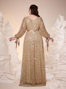 Mgiacy，新品上市，加大码舞会礼服，浪漫女士加大码正式礼服，金色亮片长袖蝴蝶结袖口圆领喇叭下摆长款礼服，适合晚宴派对。