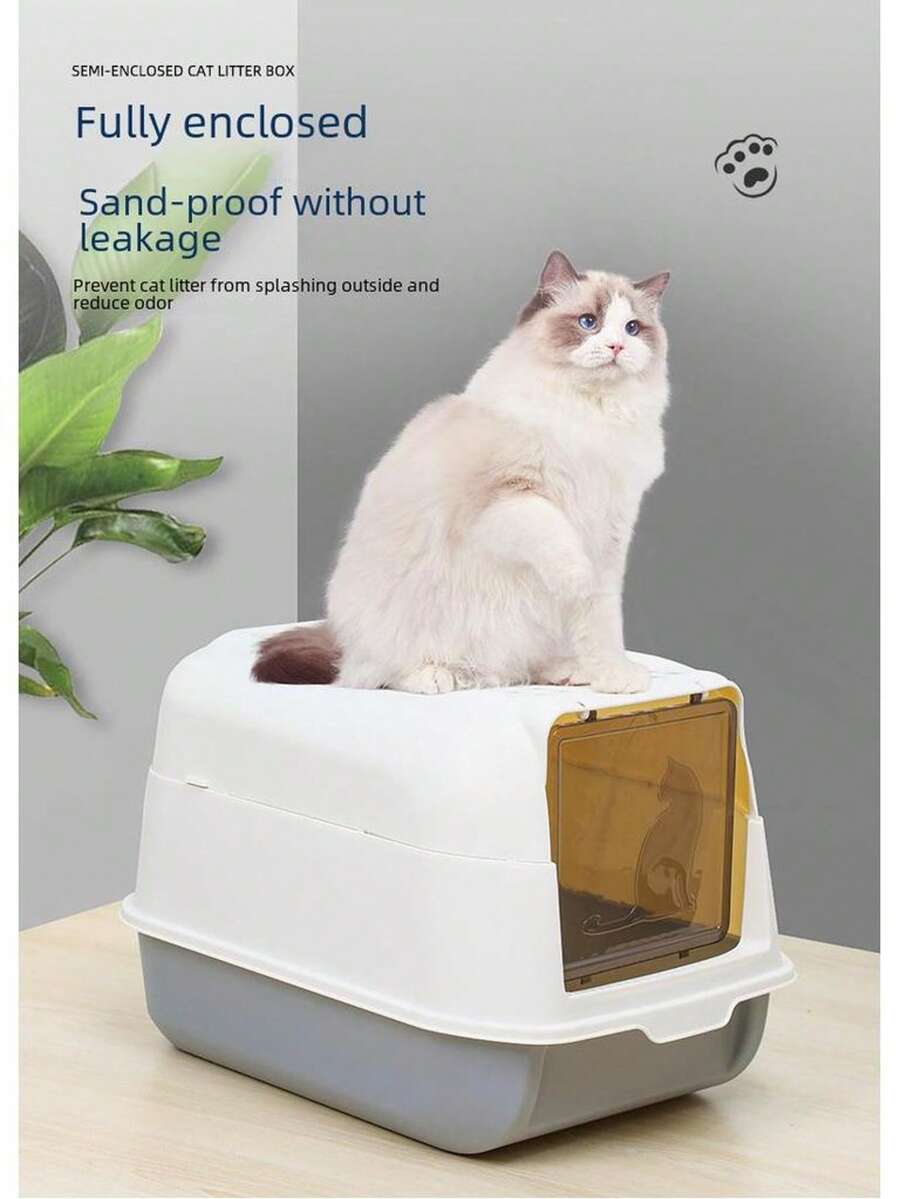 Large Dual-Use Enclosed And Semi-Enclosed Litter Box With Splash Guard, Deodorizer And Dual Entry - Grey - View 1