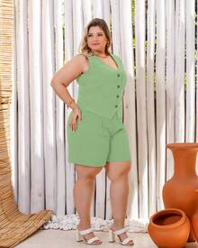 Women's Plus Size Set Luxurious Sensory Vest And Shorts - Mint Green - View 7