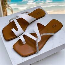 Women's Flat Slide Sandals Glitter Rhinestone Casual - 白色 - 查看 3