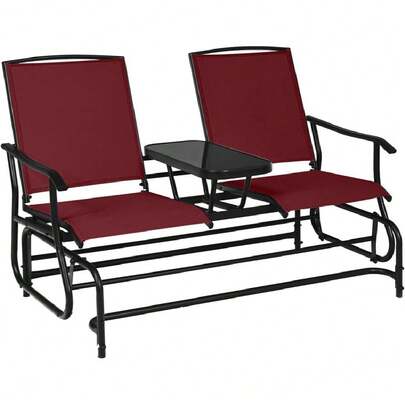 Outdoor Glider, Rochair With Metal Frame, Center Tempered Glass Table, 2-Person Loveseat, Patio Glider Bench, Outside Swing Chair For Garden Yard Lawn Porch Patio Rocker (Burgundy),23561719