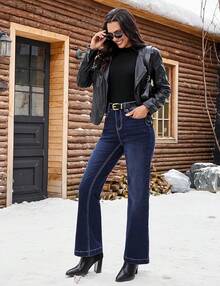 Flare Jeans For Women Thin Fleece Lined High Waisted Wide Leg  Fall Stretchy Denim Pants Trouser Jeanshalloween - 靛藍天藍色 - 查看 6