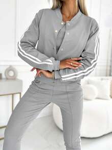 ChicMe 3pcs Women Striped Strap Decor Sleeveless Tank Top, Button Front Jacket, Drawstring Pocket Pants, Fashionable Casual Sports Suit - Ash - View 4