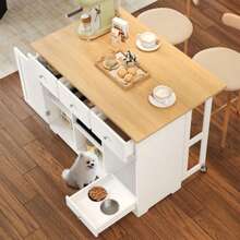 Kitchen Trolley, Mobile Serving Cart, Kitchen Island With Drawer, Kitchen Cabinet With Pet Bowl/Pet Dining Area, 120*70*90cm, White - White - View 2