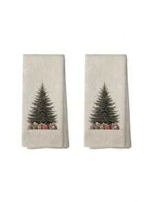 1/2/4 件超长 15.7X23.6 英寸复古圣诞厨房毛巾 - 农舍装饰洗碗布，米色和棕色树和铃铛图案，质朴的米色节日茶巾，适合圣诞节、新年和日常使用 - 可机洗，2 件套，带有节日松树和铃铛图案，背景带有红丝带蝴蝶结 - 彩色 - 查看 12