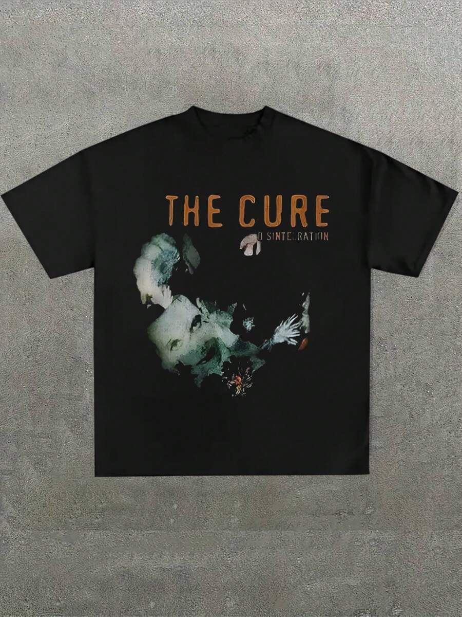 Black T - Shirt With The Cure,Comfortable Casual Short Sleeve, 220 Grams Heavyweight Cotton Printed T-Shirt - 黑色 - 查看 1