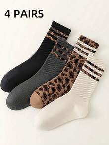 3 Pares de Meias Médias da Moda com Estampa de Leopardo e Padrão de Letras, Novas para a Primavera, Macias, Confortáveis e Duráveis para Mulheres, Adequadas para Esportes, Casa, Presentes, Todas as Estações, Lavável à Mão/Máquina - Multicolorido - Visão 9