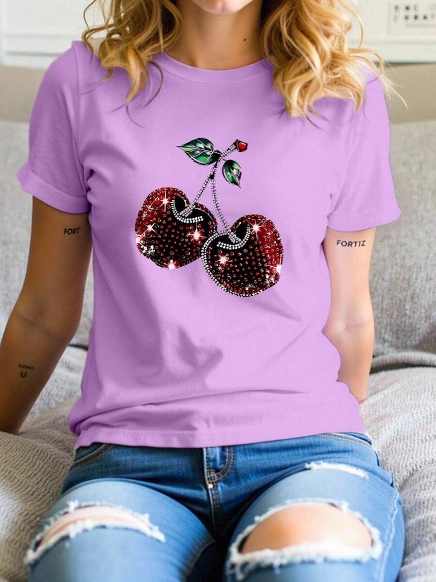 Playera básica mujer dama cuello redondo manga corta estampado GRAFICO DE CRUZ FRUTAS CEREZAS CEREZA FRUIT GRAPHIC CHERRY CHERRIES - Lila Púrpura - Ver 1