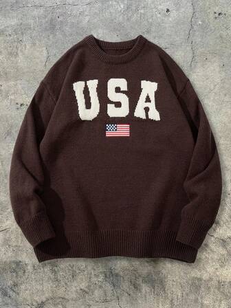 Winter Men's Unisex Versatile Casual Crew Neck Long Sleeve USA Letter American Flag Knit Pullover Sweater