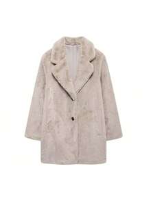 Camellia Fluffy Faux Fur Collar Loose Women Coat Jacket, Autumn/Winter - Light Grey - View 10