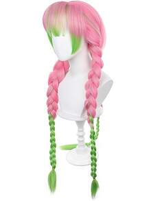 Kamakura Mitsuri Cosplay Wig, Gradient Pink-Green Thick Braided Wig, Halloween Party Supplies