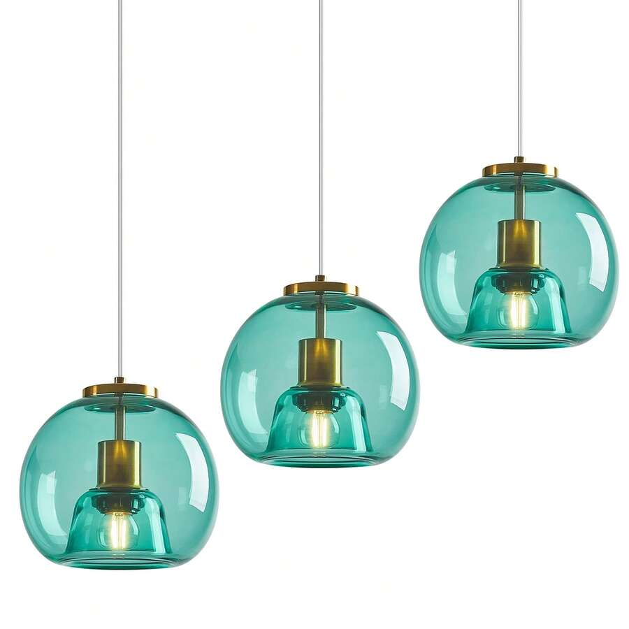 YQYYFC Light Blue Glass Pendant Lights Kitchen Island Gold Hanging Light Fixture Glass Globe Pendant Light Modern Pendant Lighting For Kitchen Island Bedroom Dining Room (7.87") - 7.87 in Light Blue - 查看 1