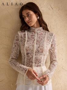 Sedessea Gorgeous Paisley Embroider Mesh Splicing See Through Long-Sleeved Top, Wedding Season, Valentine's Day, White Party Event, Old Money Style, Court Style, Eye-Catching, Elegant Everyday, Autumn Winter - Apricot - View 4