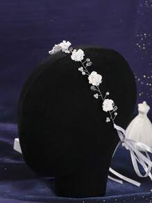 1pc Bridal Wedding Headpiece With Pearl Decor Flower Hairband Brides Stylish Hair Accessory For Wedding And Special Occasions - White - View 7