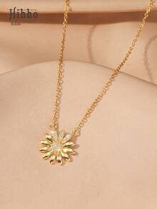 Hihho 1pc Elegant Sparkling Zirconia Daisy Necklace, Sunflower Fashion Luxury Style, Suitable For Girls, Daily Wear, Party, Gift, Vacation And Formal Events