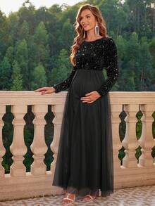 Joyfunear Maternity Sequin Patchwork Sheer Mesh Long Sleeve Cherry Dress
