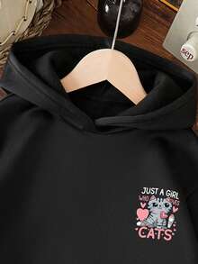 Toddler Girls' Cartoon Pattern Warm Hooded Sweatshirt - Black - View 5