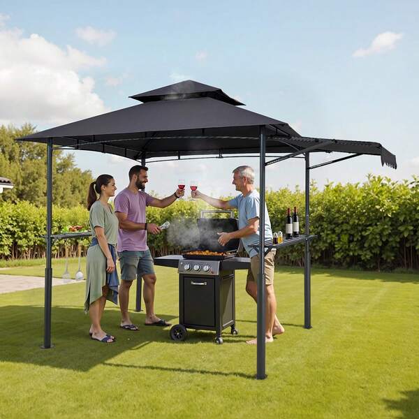 Grill Gazebo, 8 X 5 Ft Double-Tiered Top, Reinforced BBQ Gazebo With Extra Awning, Powder-Coated Steel Patio Grill Shelter With 2 Side Shelves & Hooks, Outdoor Grilling Canopy For Garden