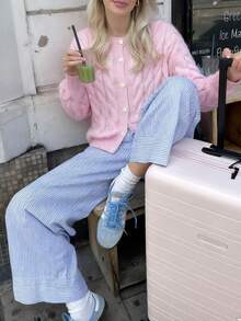 2025秋冬新款休闲时尚复古麻花开衫女纽扣前长袖宽松毛衣休闲街头返校出门装女冬外套新年女装万圣节衣服圣诞装秋冬装 - 粉色 - 查看 8