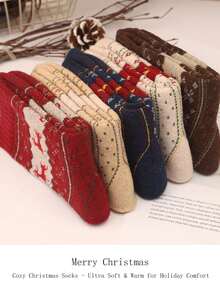 5 Pairs Of Cozy Reindeer Print Mid-Calf Socks - Warm, Thick Christmas Socks For Women, Festive Animal Design In Red, Beige, Brown, And Navy Blue, Perfect For Holiday Celebrations, Christmas Socks,Christmas Surprise Gifts,Valentine's Day Gifts, New Year's Gifts - Multicolor - View 5