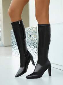 Women's Pointed Toe Slim High Heel Knee-High Boots, Elegant Ladies Boots For Autumn/Winter, Black And White Boots With Side Zipper Design, High Heel Tall Boots, Versatile Commuting Boots - Black - View 4