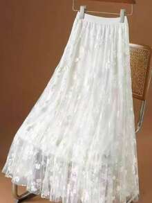 Elegant Floral Women's Long Tulle Skirt - Màu be - Xem 2